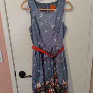 Modcloth Womens Blue Snowflake Dress with Red Accent